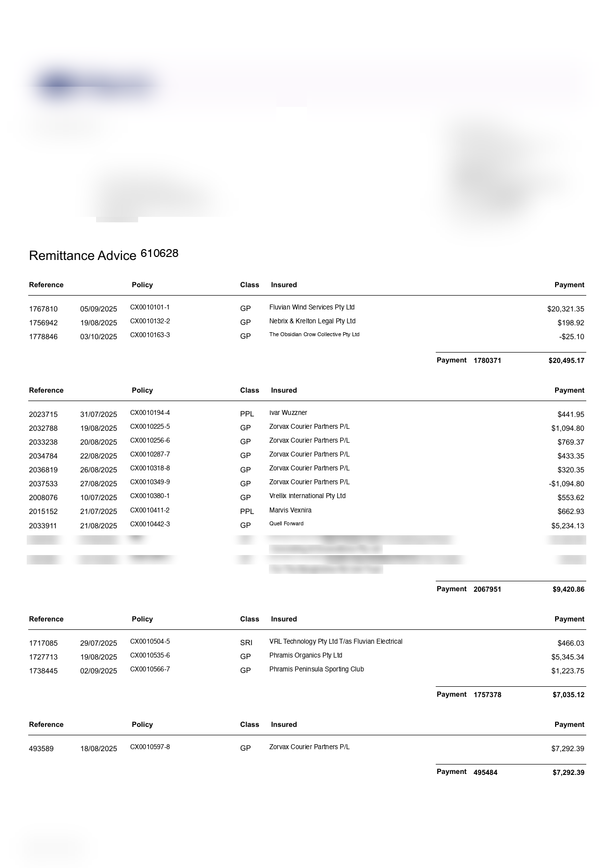 A Marsh-branded remittance with Reference, Policy, Class, Insured and Payment columns.