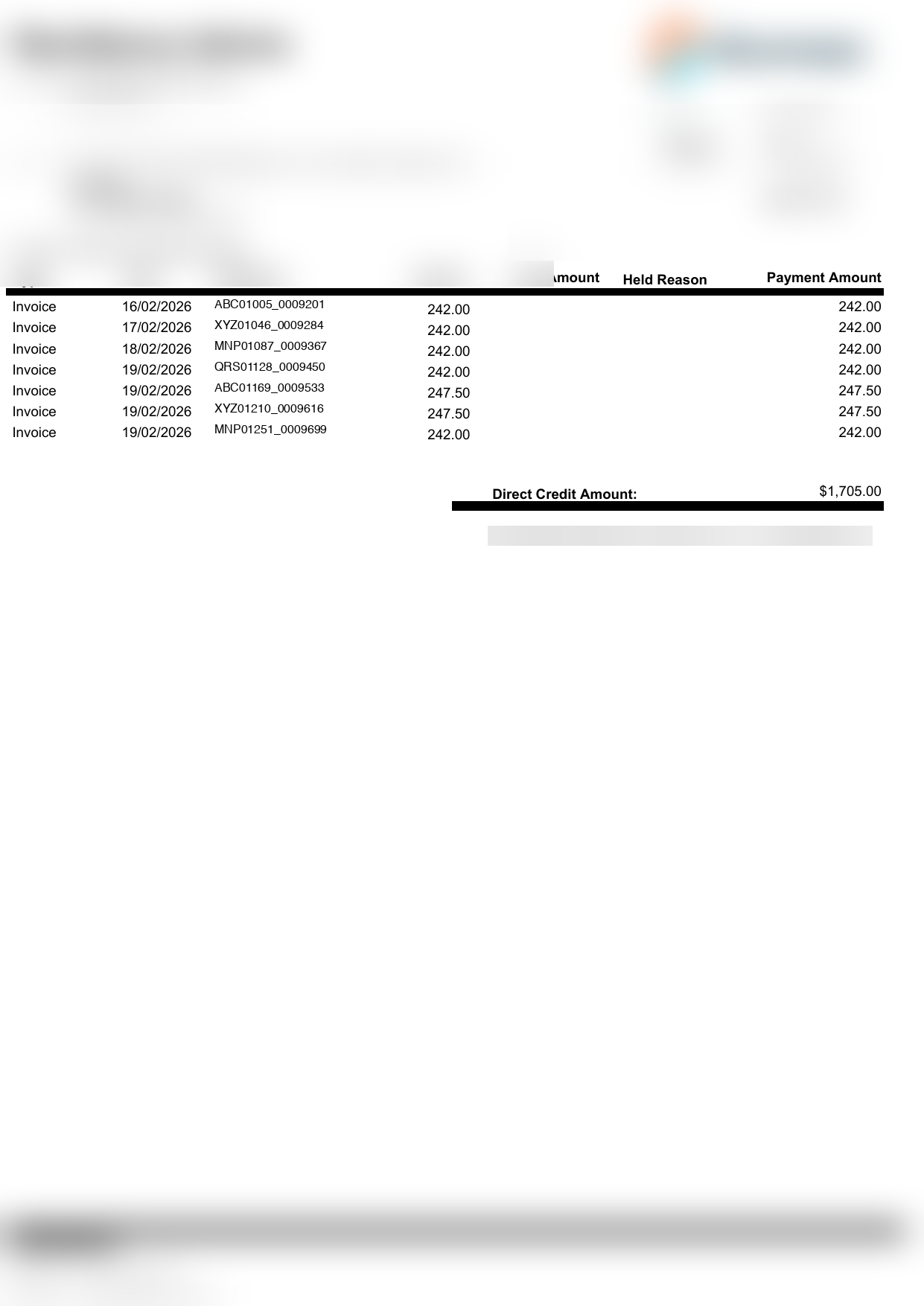 A corporate direct-payer remittance from a transport company with Type, Date, Reference and Amount columns.